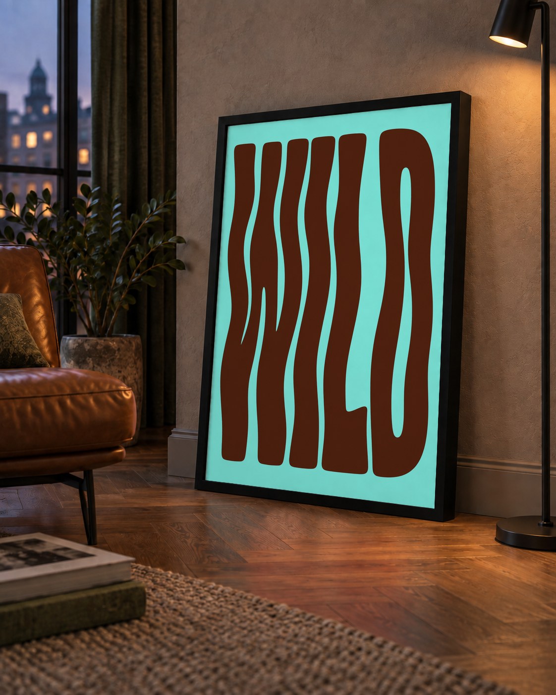 Retro Tipografi Poster – WILD Yazılı Modern Sanat Baskısı — çerçeveli hâliyle bir ev duvarında
