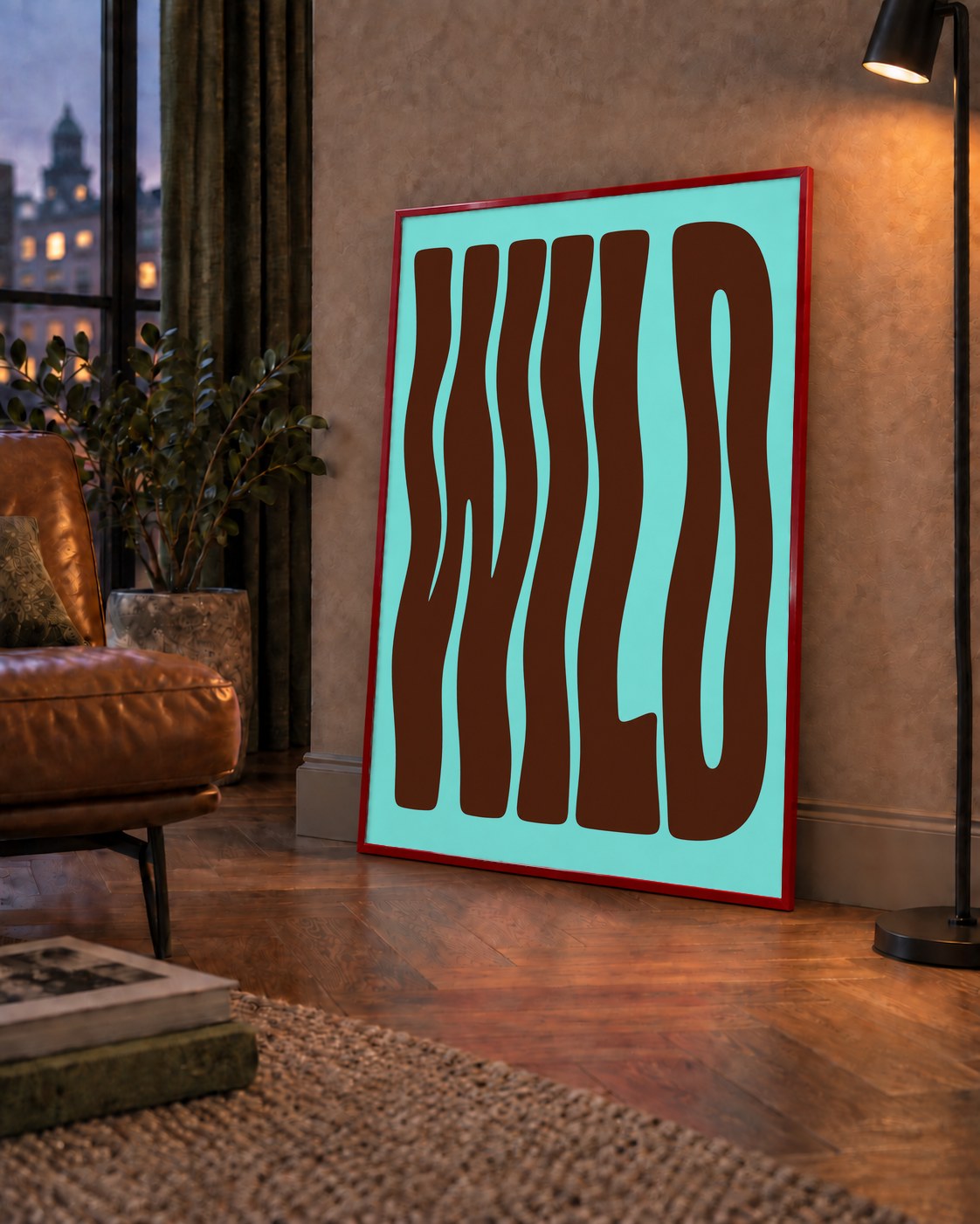 Retro Tipografi Poster – WILD Yazılı Modern Sanat Baskısı — çerçeveli hâliyle bir ev duvarında