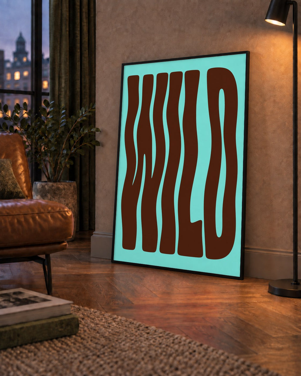 Retro Tipografi Poster – WILD Yazılı Modern Sanat Baskısı — çerçeveli hâliyle bir ev duvarında