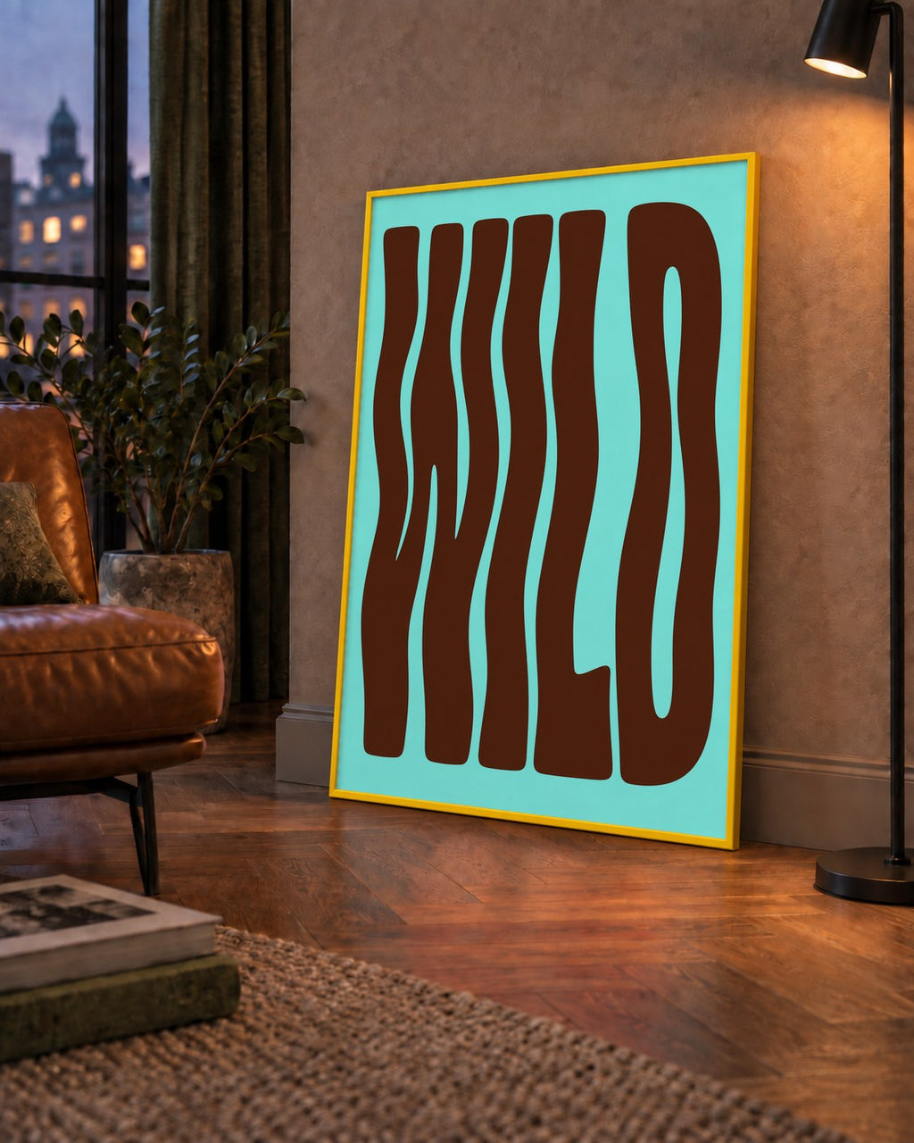 Retro Tipografi Poster – WILD Yazılı Modern Sanat Baskısı — çerçeveli hâliyle bir ev duvarında