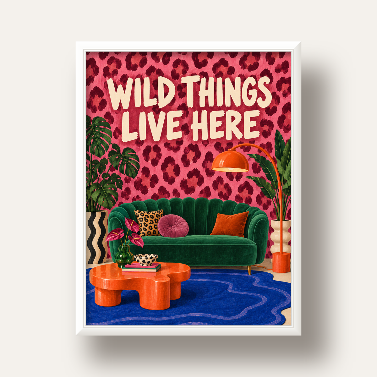 Wild Things Live Here Renkli Modern Salon Poster Duvar Dekoru — beyaz derin çerçeveli