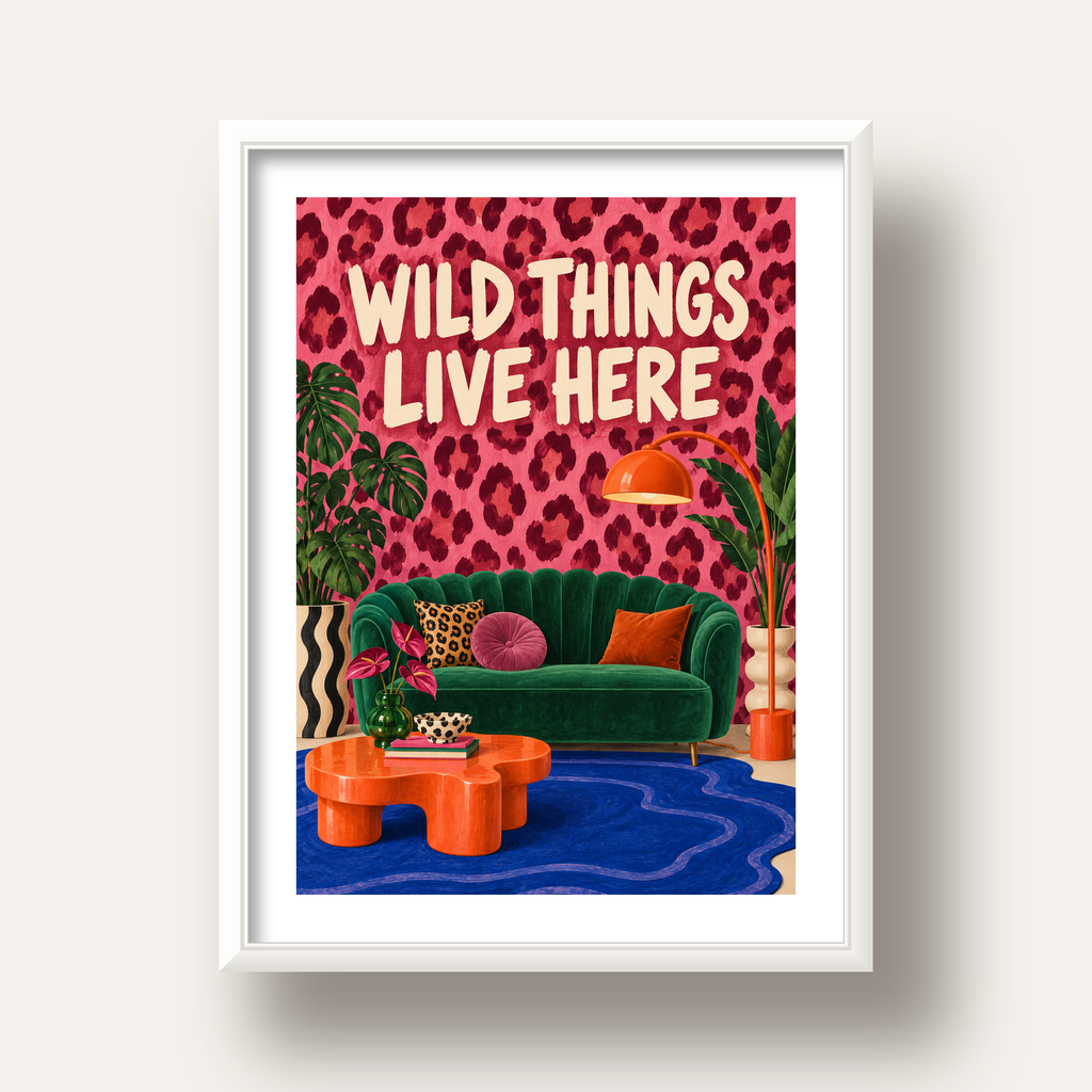 Wild Things Live Here Renkli Modern Salon Poster Duvar Dekoru — beyaz derin çerçeveli paspartulu