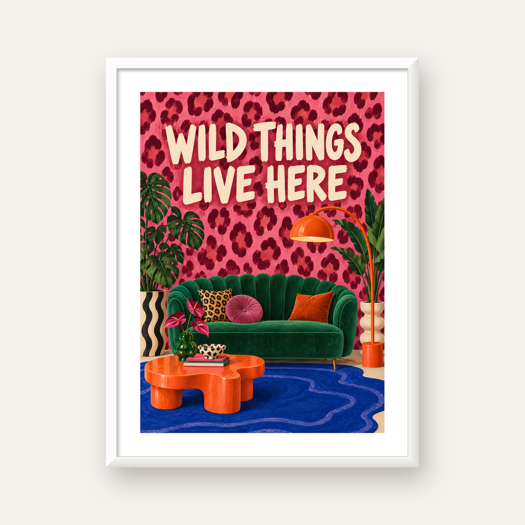 Wild Things Live Here Renkli Modern Salon Poster Duvar Dekoru — beyaz çerçeveli dikey poster