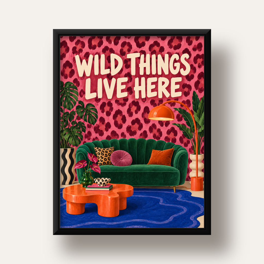 Wild Things Live Here Renkli Modern Salon Poster Duvar Dekoru — siyah derin çerçeveli