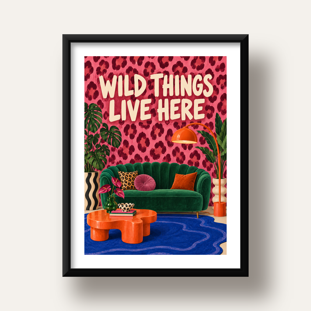 Wild Things Live Here Renkli Modern Salon Poster Duvar Dekoru — siyah derin çerçeveli paspartulu
