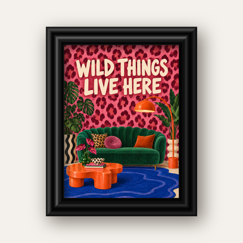 Wild Things Live Here Renkli Modern Salon Poster Duvar Dekoru — siyah galeri çerçeveli