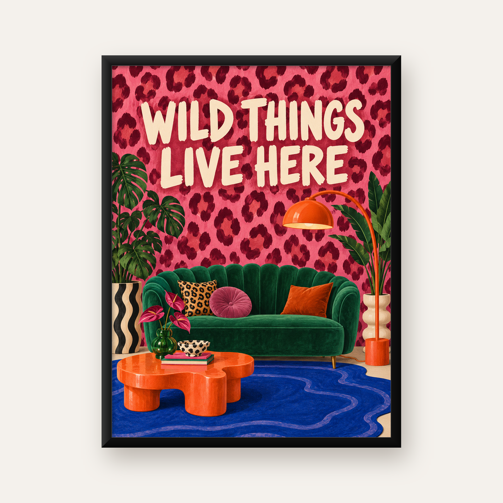 Wild Things Live Here Renkli Modern Salon Poster Duvar Dekoru — Dikey baskı, düz siyah çerçeveli duvar posteri