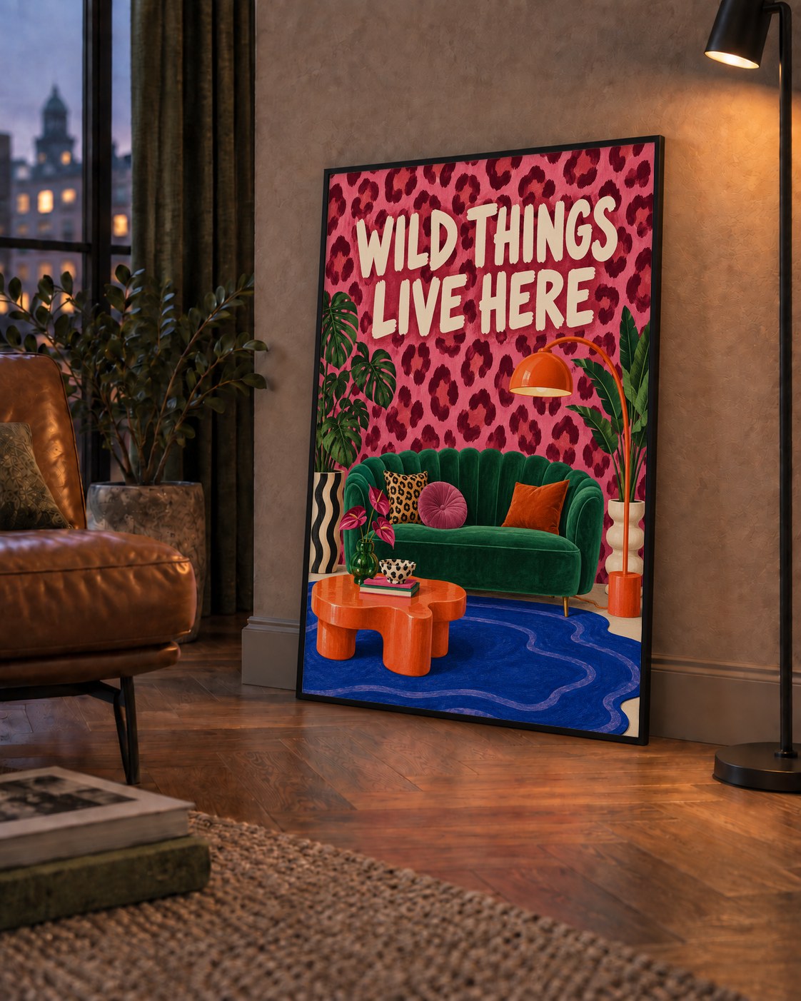 Wild Things Live Here Renkli Modern Salon Poster Duvar Dekoru — çerçeveli hâliyle bir ev duvarında