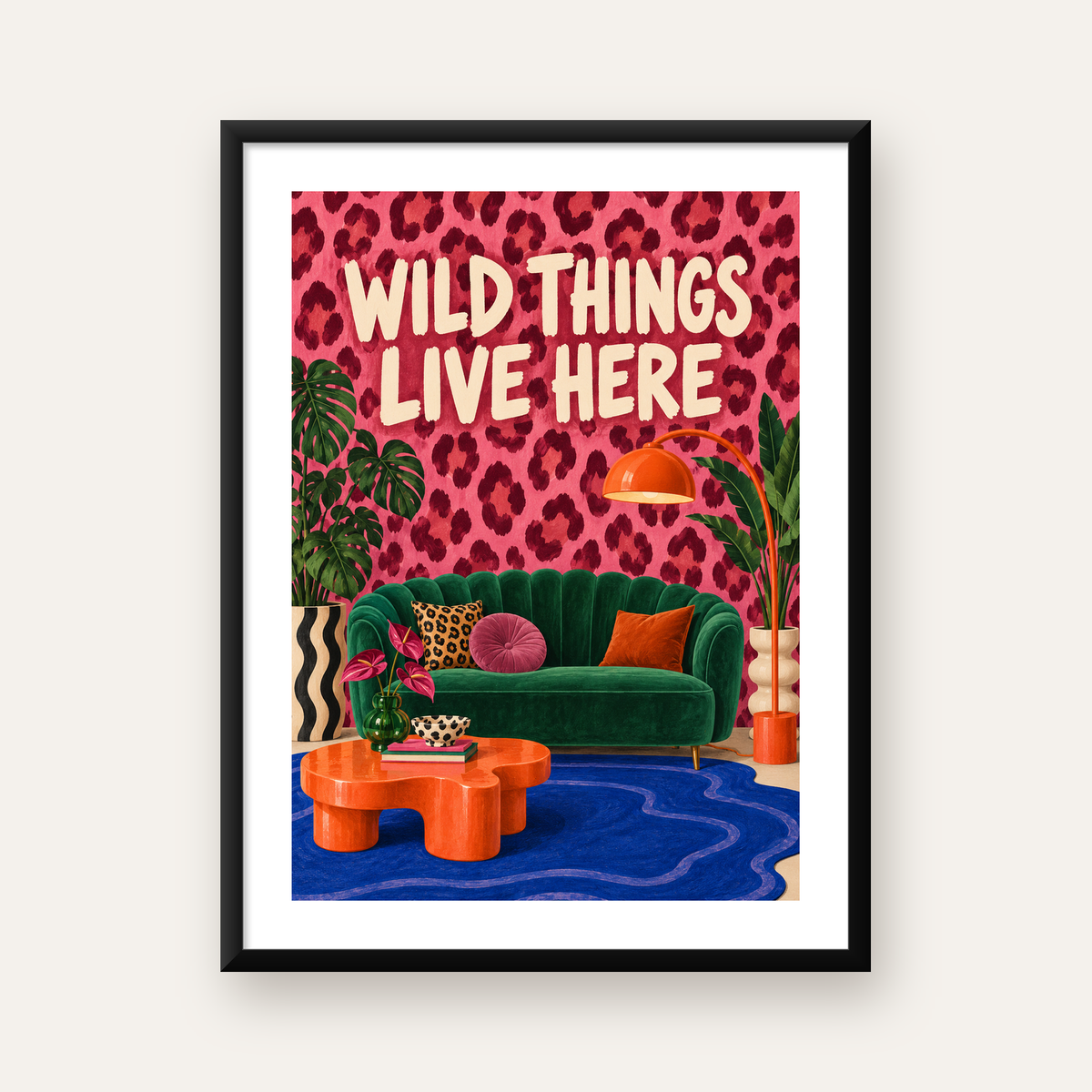 Wild Things Live Here Renkli Modern Salon Poster Duvar Dekoru — Dikey baskı, beyaz paspartulu
