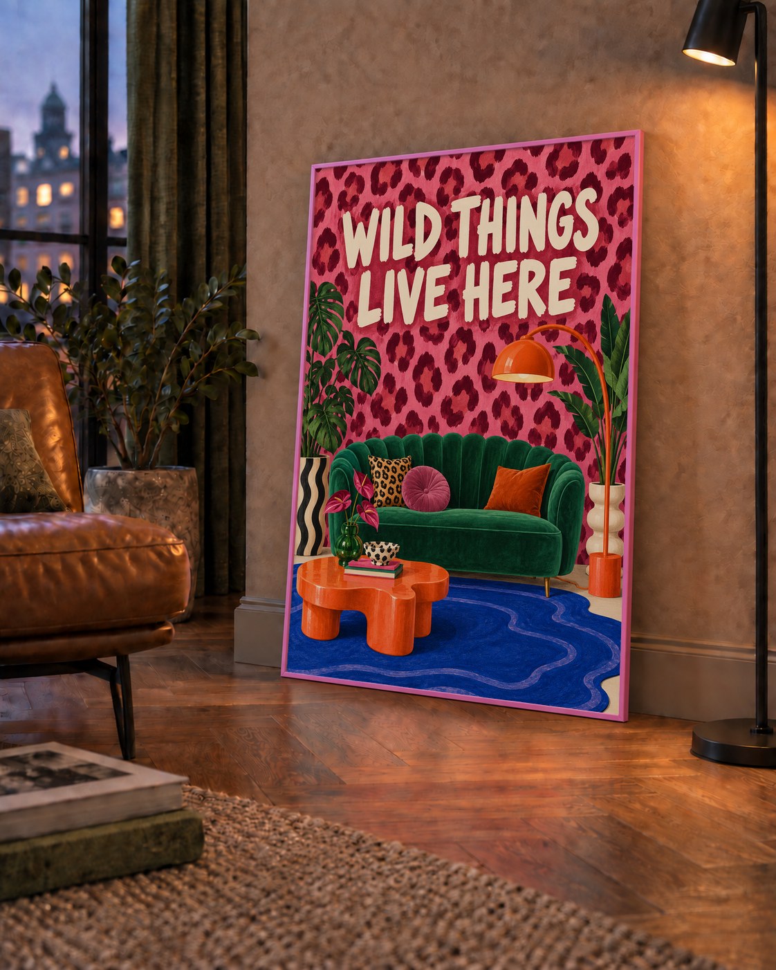 Wild Things Live Here Renkli Modern Salon Poster Duvar Dekoru — çerçeveli hâliyle bir ev duvarında