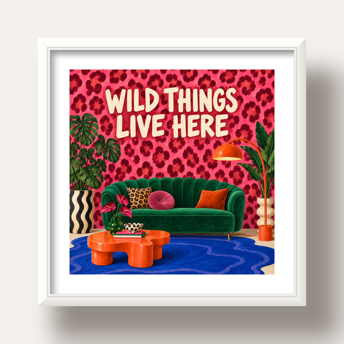 Wild Things Live Here Renkli Modern Salon Poster Duvar Dekoru — beyaz derin çerçeveli paspartulu