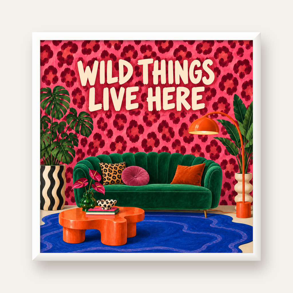 Wild Things Live Here Renkli Modern Salon Poster Duvar Dekoru — beyaz çerçeveli kare poster