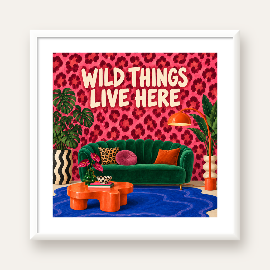Wild Things Live Here Renkli Modern Salon Poster Duvar Dekoru — beyaz çerçeveli kare poster