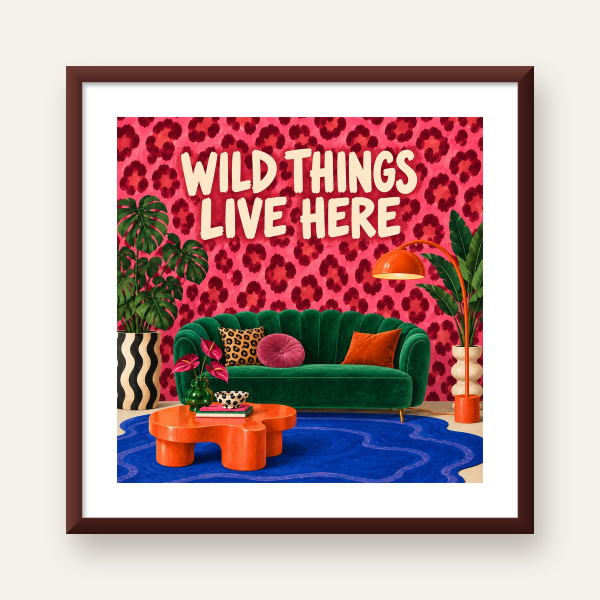 Wild Things Live Here Renkli Modern Salon Poster Duvar Dekoru — ceviz çerçeveli paspartulu