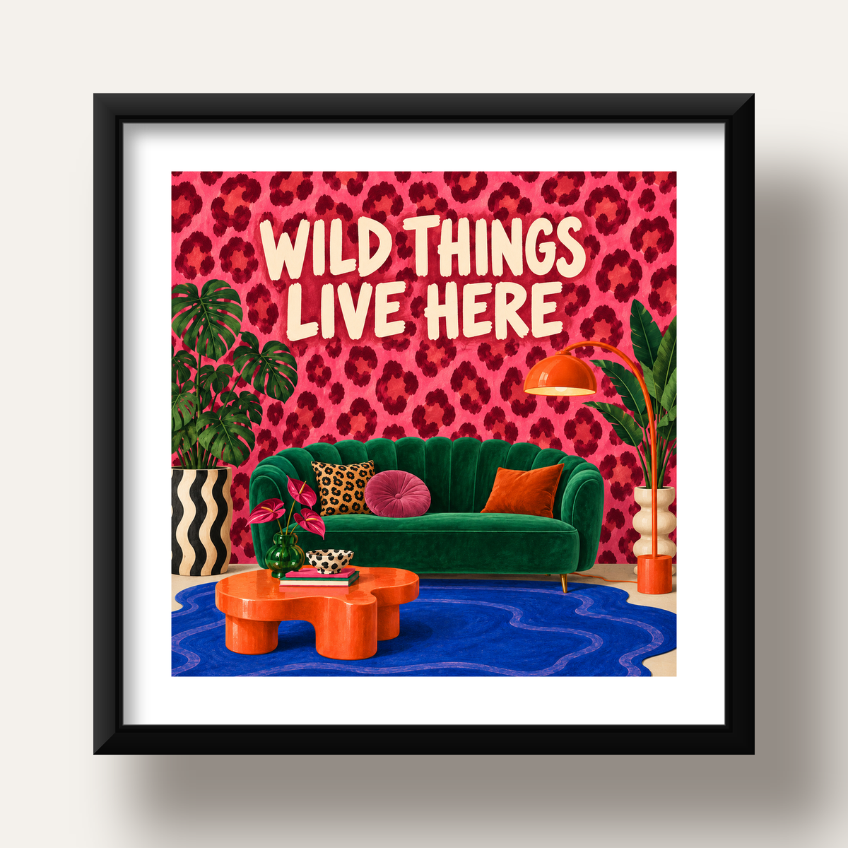 Wild Things Live Here Renkli Modern Salon Poster Duvar Dekoru — siyah derin çerçeveli paspartulu