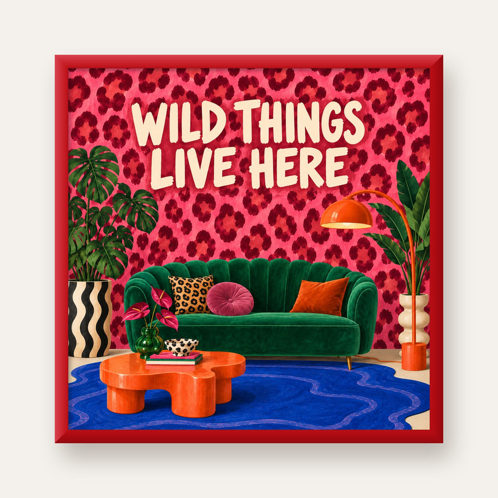 Wild Things Live Here Renkli Modern Salon Poster Duvar Dekoru — kırmızı çerçeveli