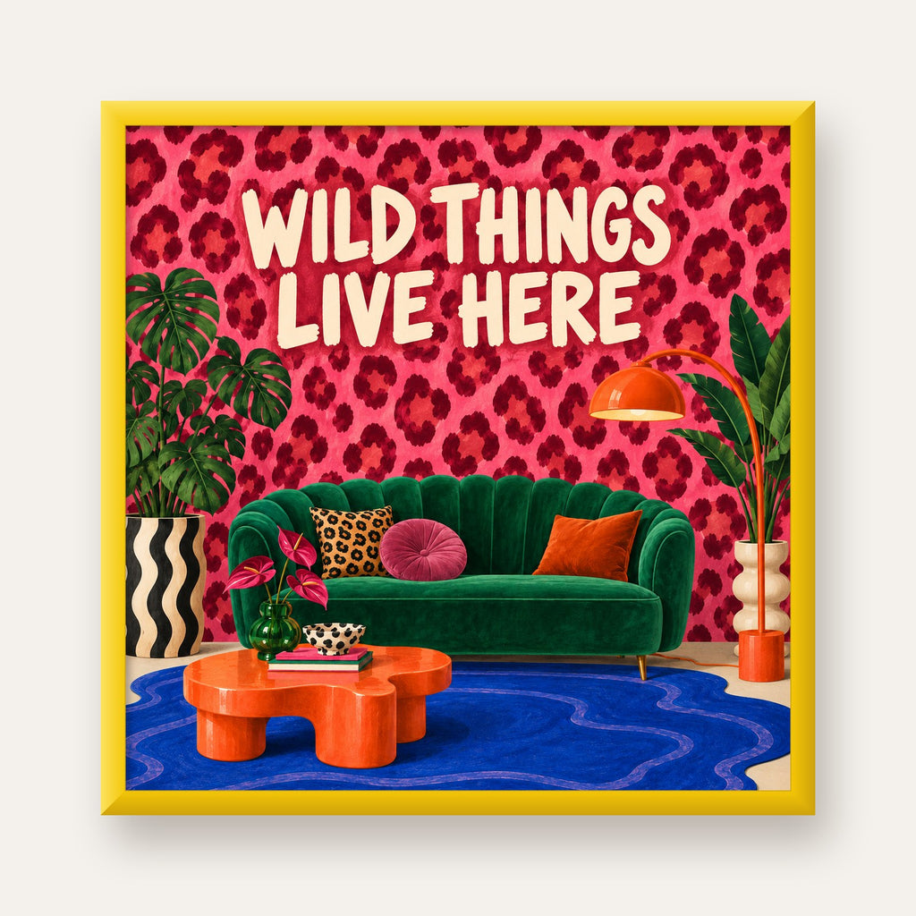 Wild Things Live Here Renkli Modern Salon Poster Duvar Dekoru — sarı çerçeveli