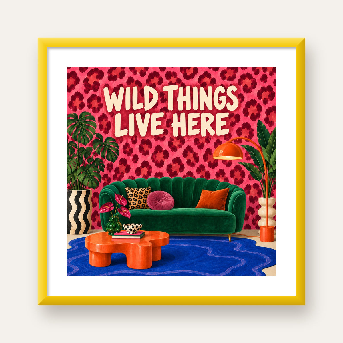 Wild Things Live Here Renkli Modern Salon Poster Duvar Dekoru — sarı çerçeveli paspartulu