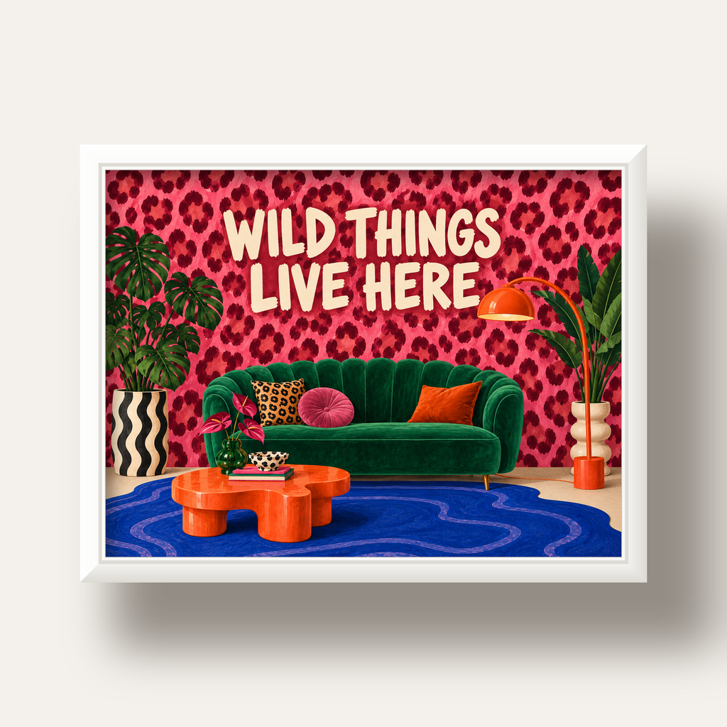 Wild Things Live Here Renkli Modern Salon Poster Duvar Dekoru — beyaz derin çerçeveli