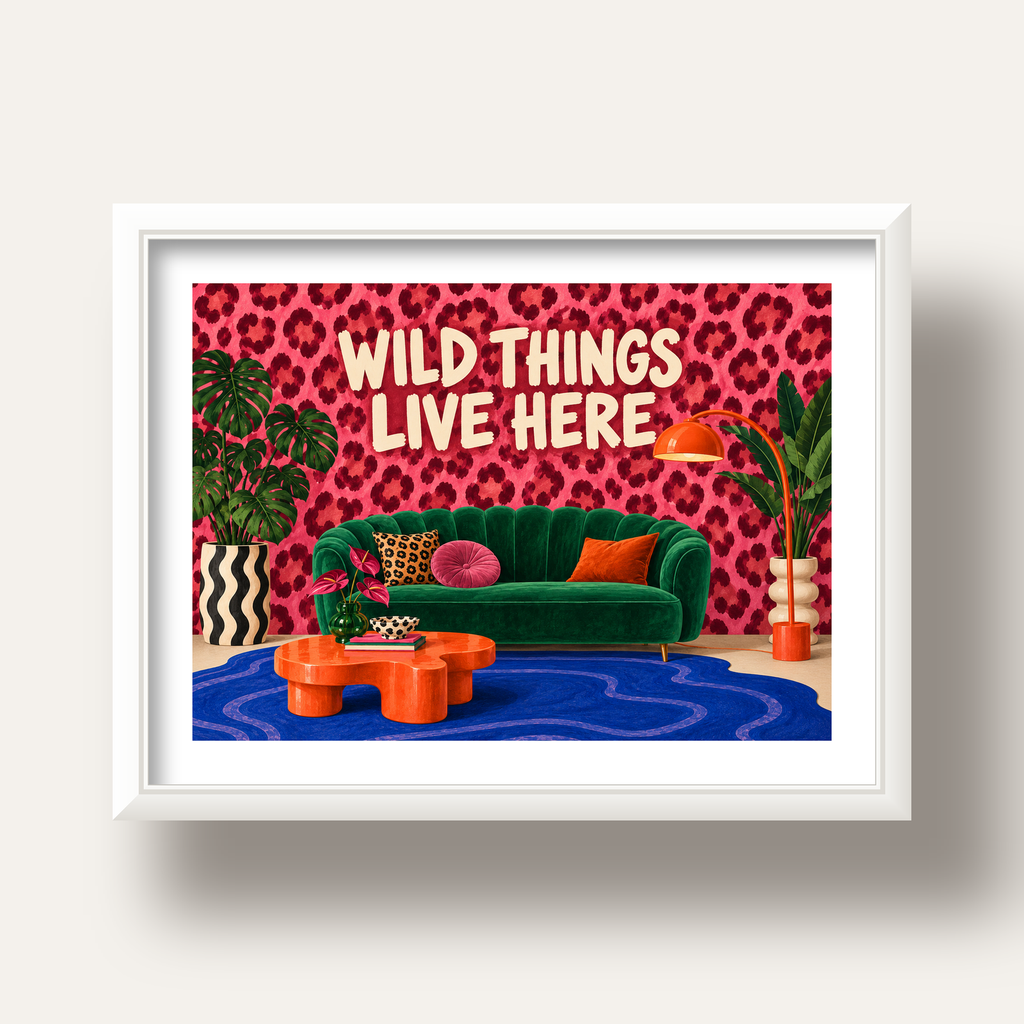 Wild Things Live Here Renkli Modern Salon Poster Duvar Dekoru — beyaz derin çerçeveli paspartulu
