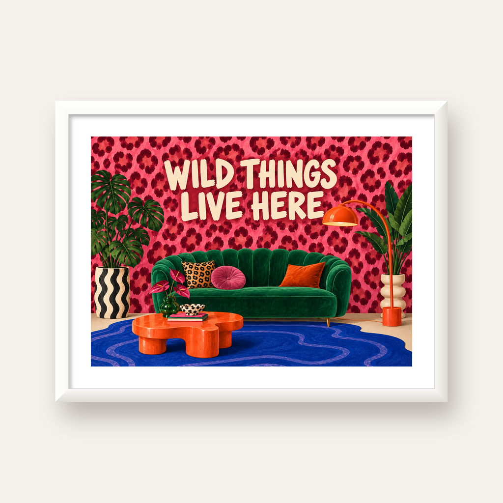 Wild Things Live Here Renkli Modern Salon Poster Duvar Dekoru — beyaz çerçeveli yatay poster