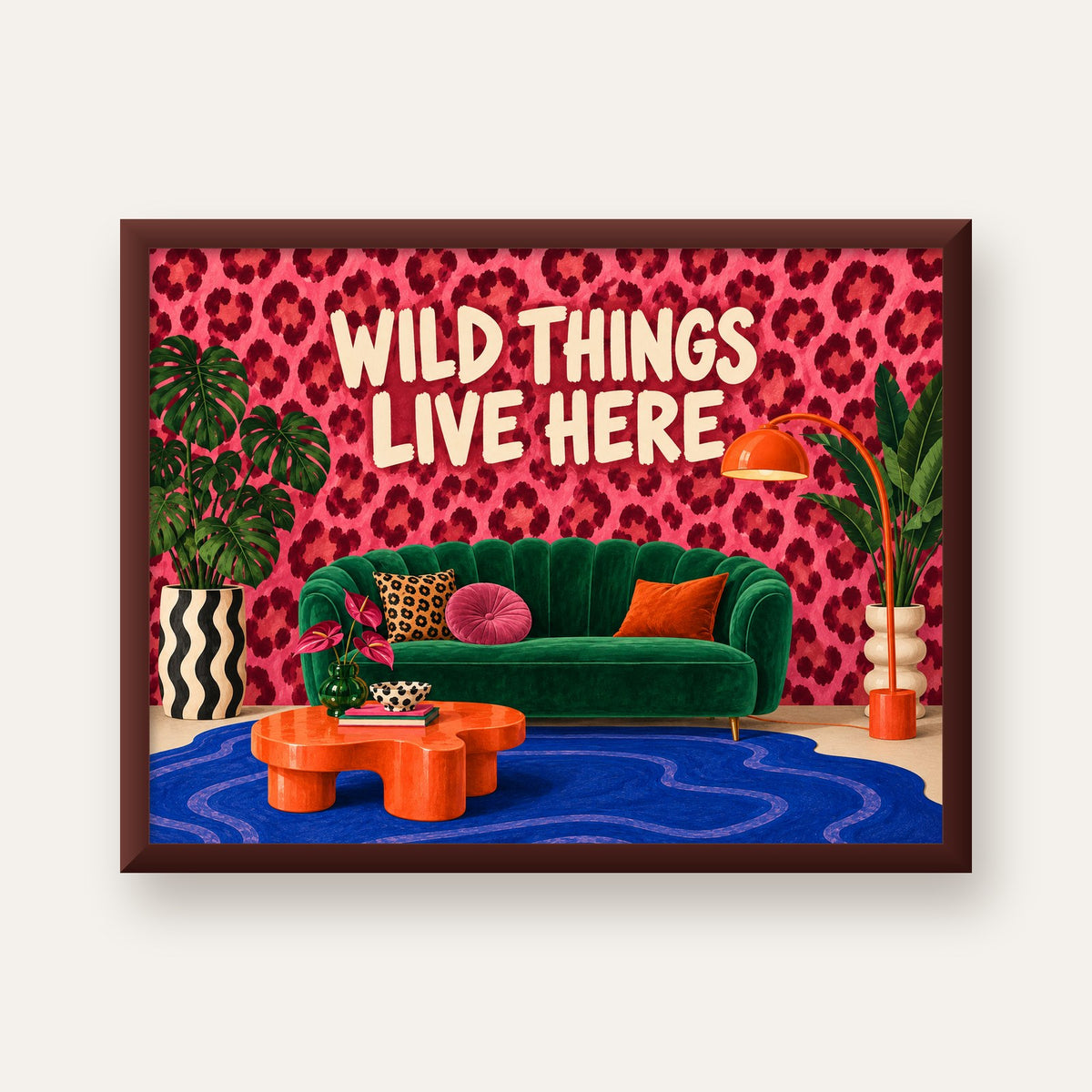 Wild Things Live Here Renkli Modern Salon Poster Duvar Dekoru — ceviz çerçeveli