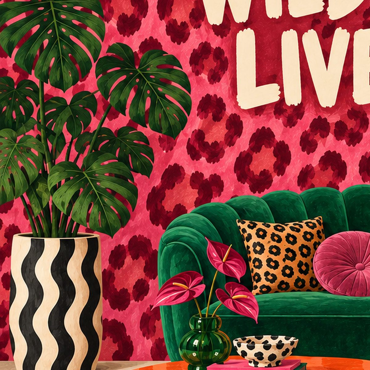 Wild Things Live Here Renkli Modern Salon Poster Duvar Dekoru — baskının yakın çekimi, kâğıt dokusu ve renk detayı