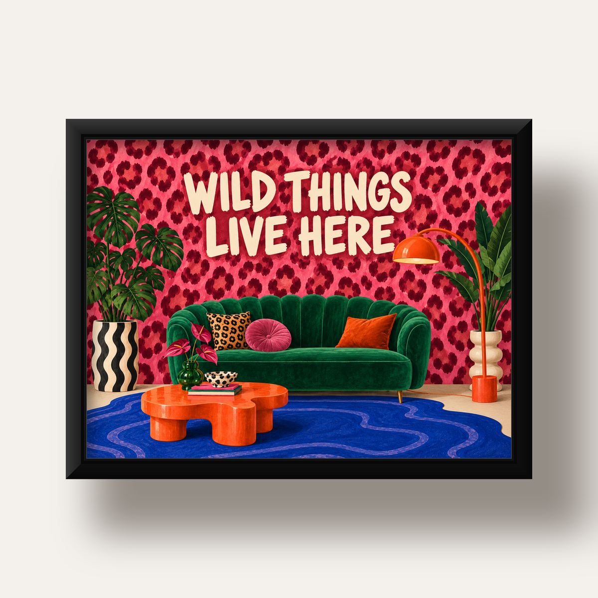 Wild Things Live Here Renkli Modern Salon Poster Duvar Dekoru — siyah derin çerçeveli