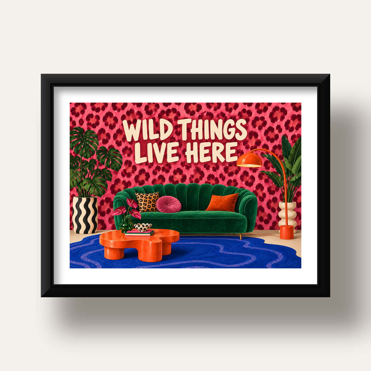 Wild Things Live Here Renkli Modern Salon Poster Duvar Dekoru — siyah derin çerçeveli paspartulu