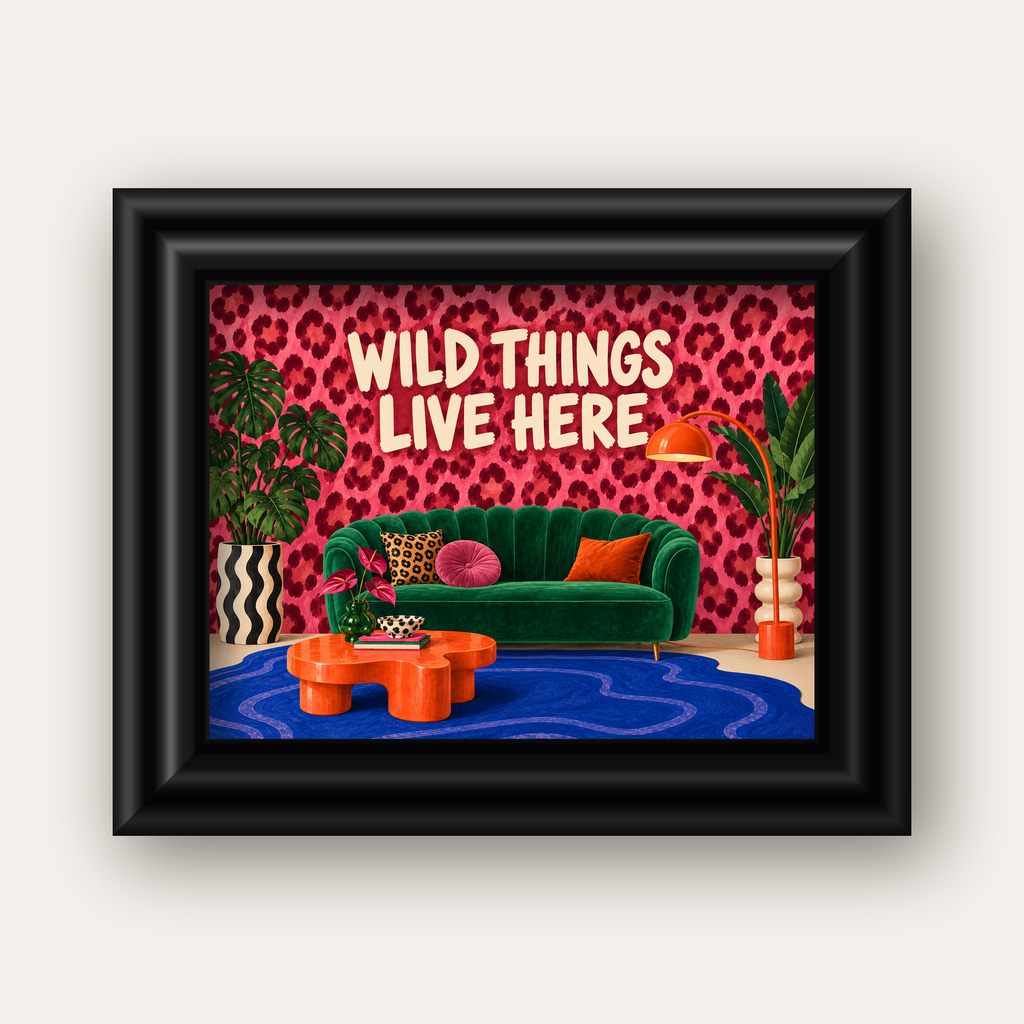 Wild Things Live Here Renkli Modern Salon Poster Duvar Dekoru — siyah galeri çerçeveli