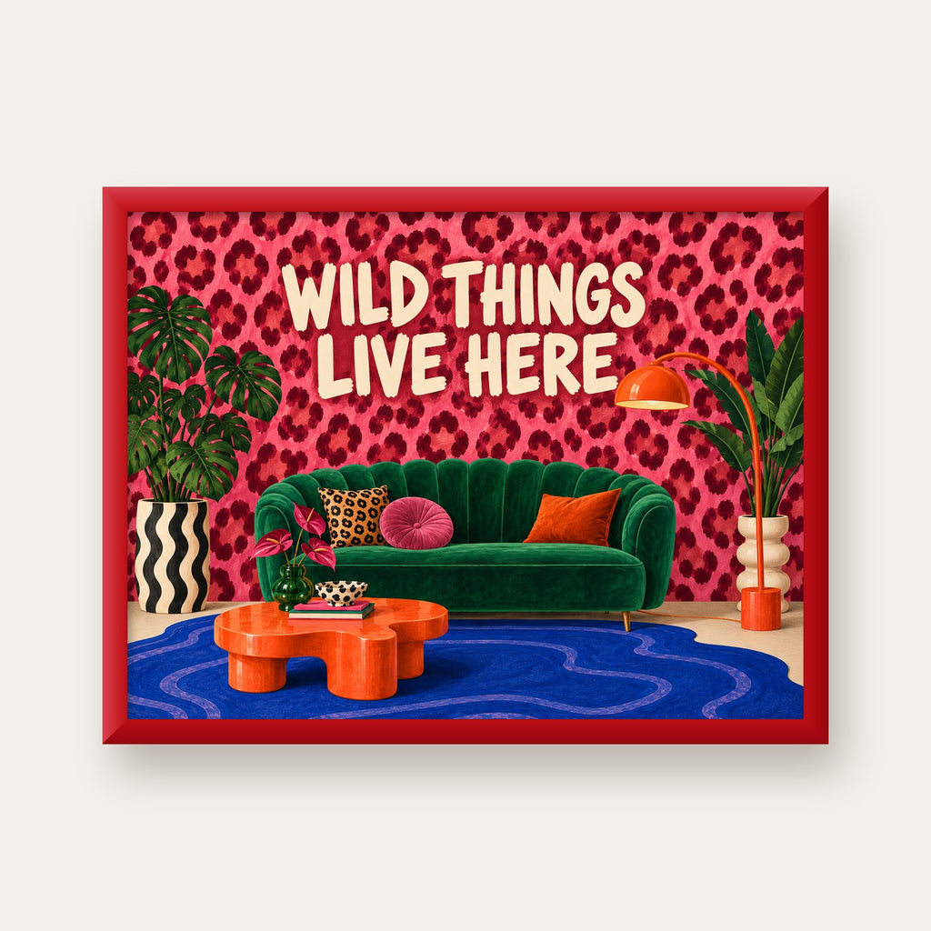 Wild Things Live Here Renkli Modern Salon Poster Duvar Dekoru — kırmızı çerçeveli