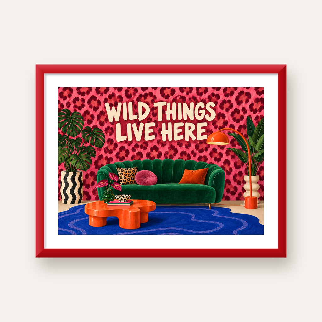 Wild Things Live Here Renkli Modern Salon Poster Duvar Dekoru — kırmızı çerçeveli paspartulu