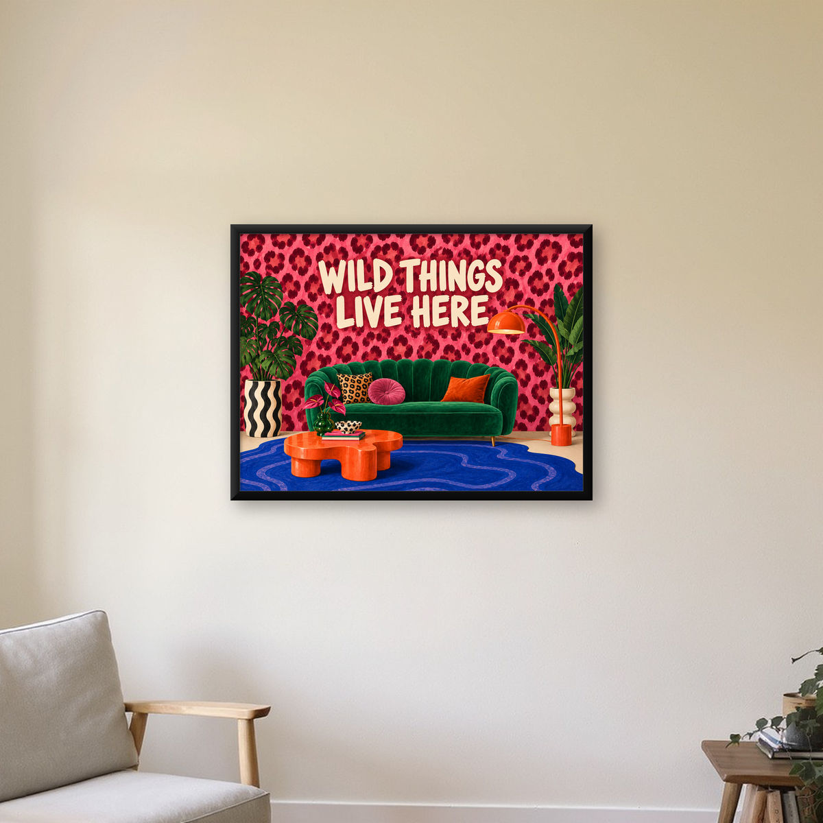Wild Things Live Here Renkli Modern Salon Poster Duvar Dekoru — Yatay baskı, çerçeveli hâliyle bir ev duvarında
