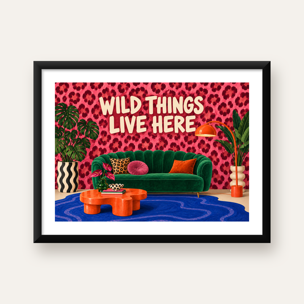 Wild Things Live Here Renkli Modern Salon Poster Duvar Dekoru — Yatay baskı, beyaz paspartulu