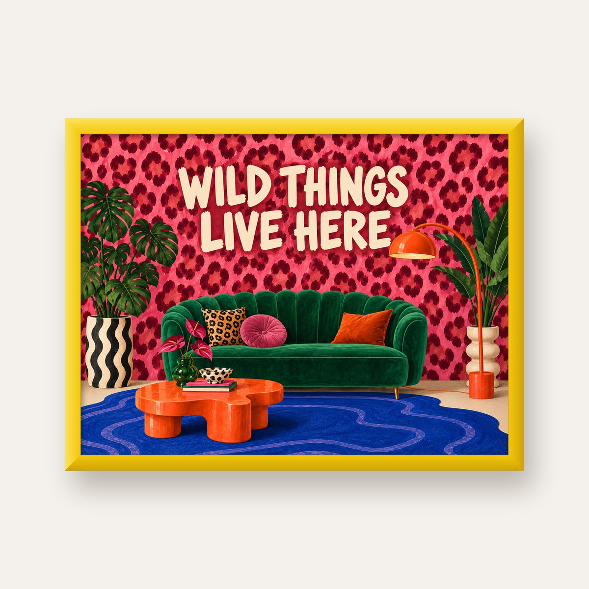 Wild Things Live Here Renkli Modern Salon Poster Duvar Dekoru — sarı çerçeveli