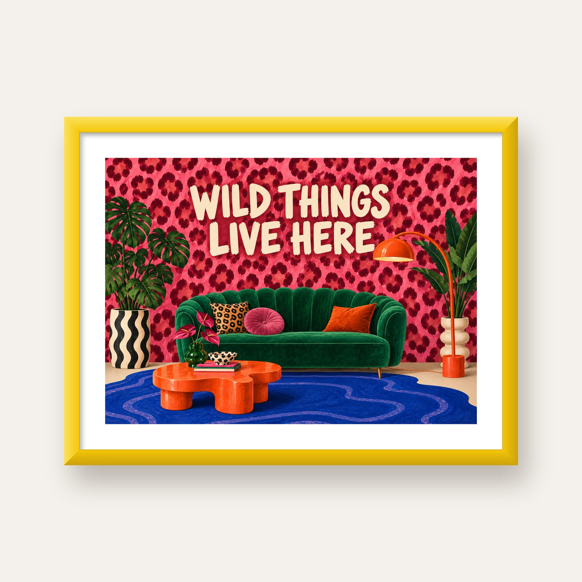 Wild Things Live Here Renkli Modern Salon Poster Duvar Dekoru — sarı çerçeveli paspartulu