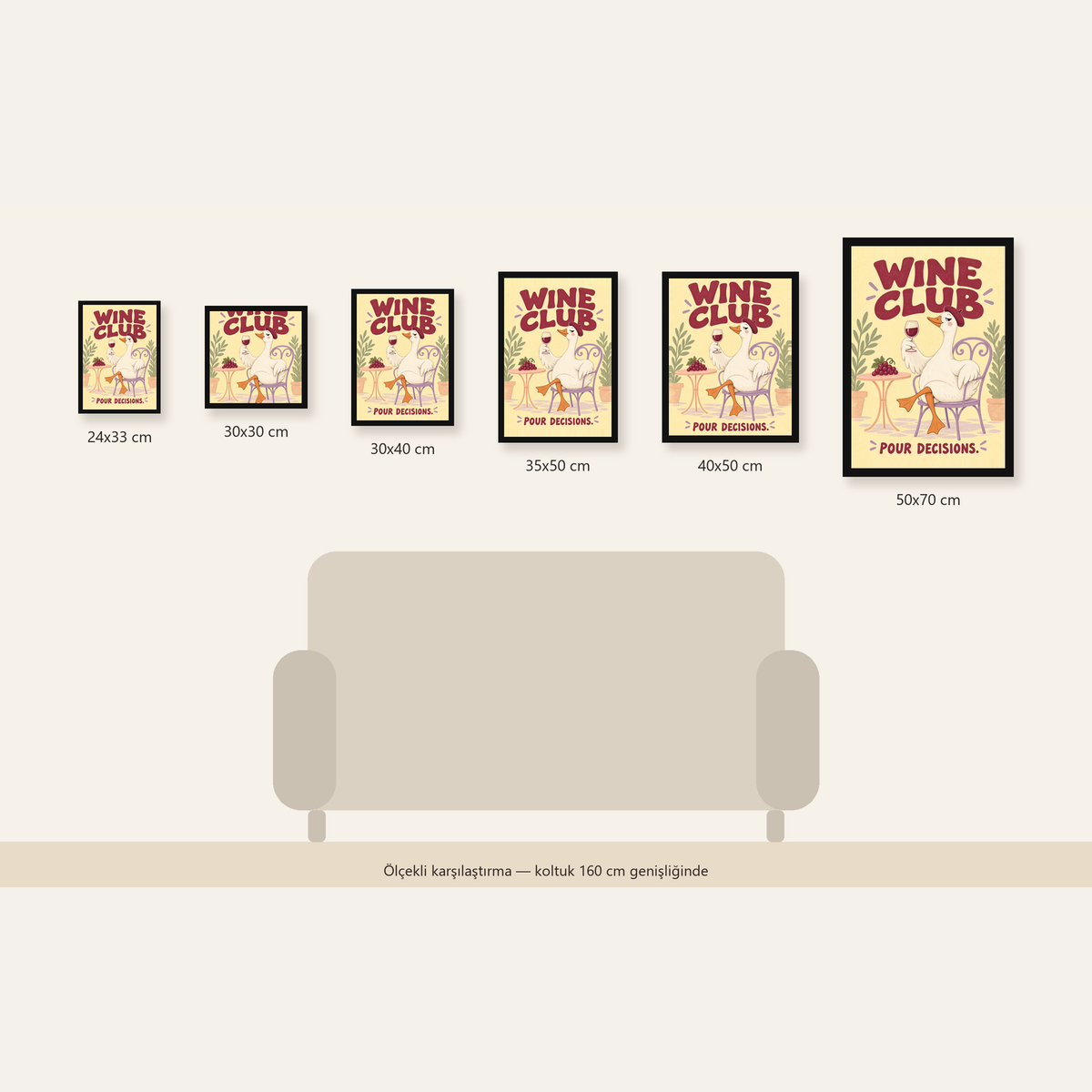 Şarap Kulübü Mizahi Ördek Poster – Renkli Komik Duvar Dekoru — Dikey ölçülerinin karşılaştırması