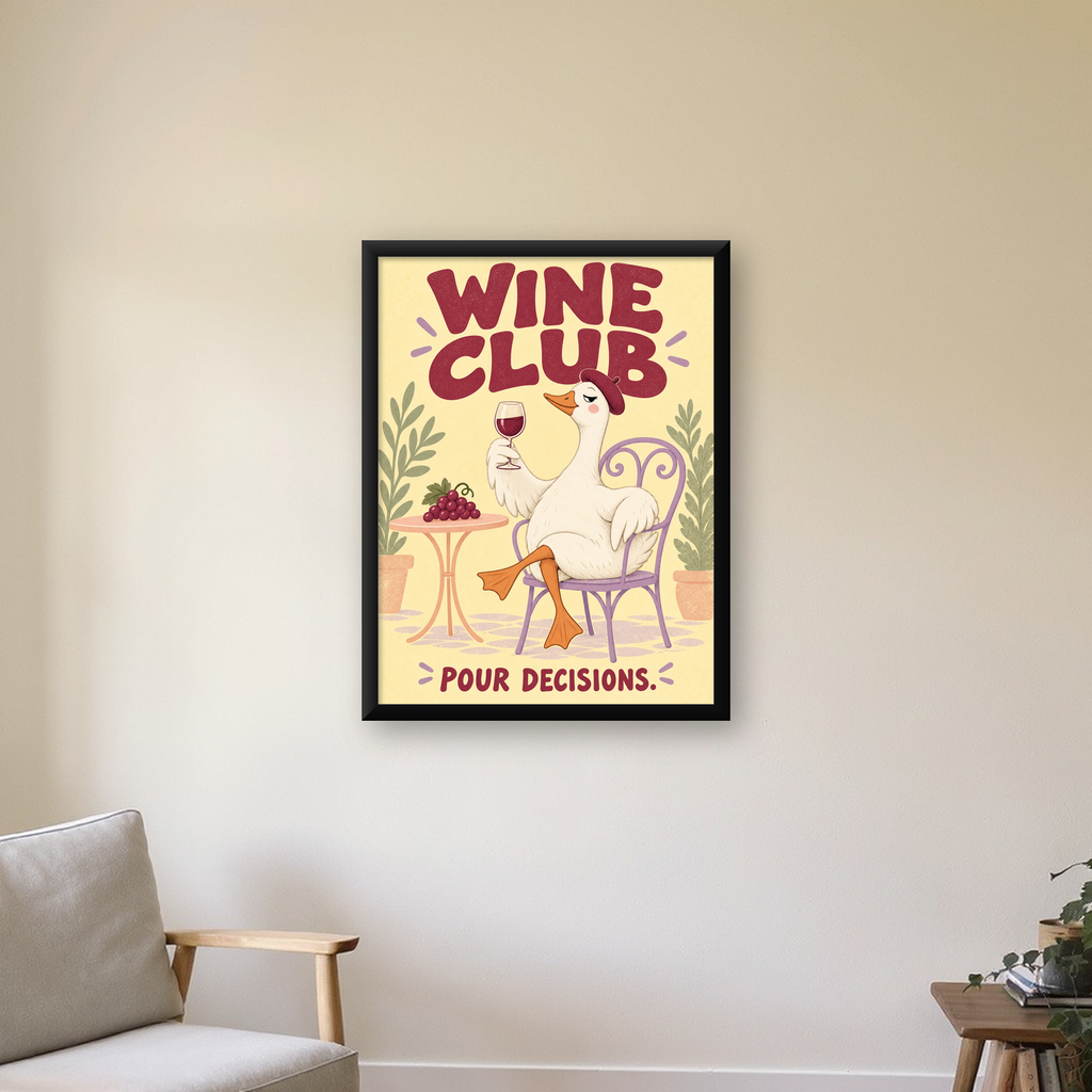 Şarap Kulübü Mizahi Ördek Poster – Renkli Komik Duvar Dekoru — Dikey baskı, çerçeveli hâliyle bir ev duvarında