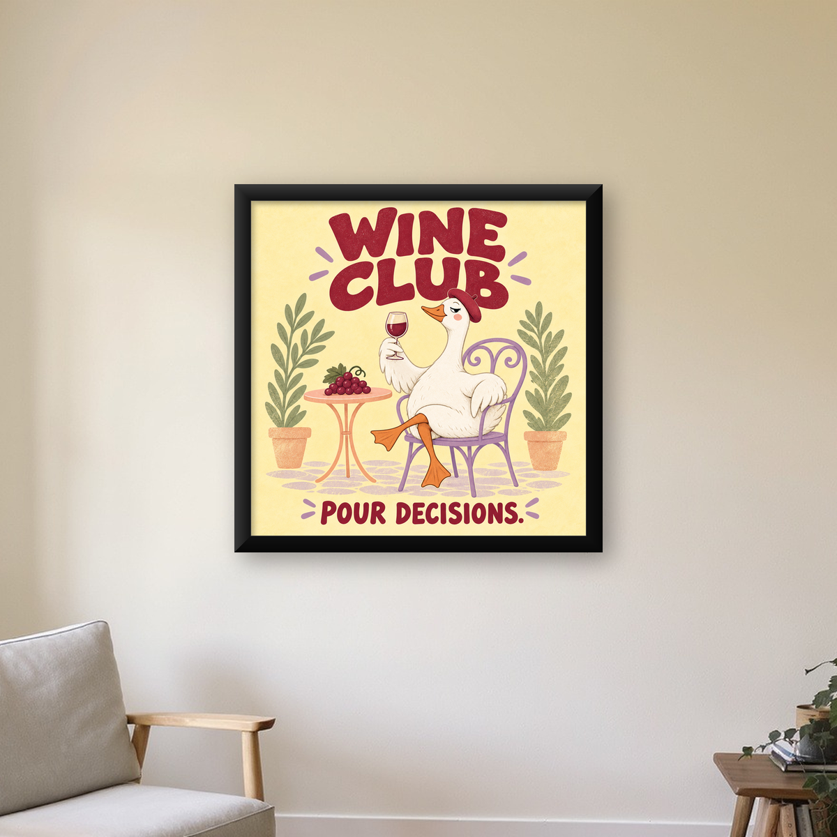 Şarap Kulübü Mizahi Ördek Poster – Renkli Komik Duvar Dekoru — Kare baskı, çerçeveli hâliyle bir ev duvarında