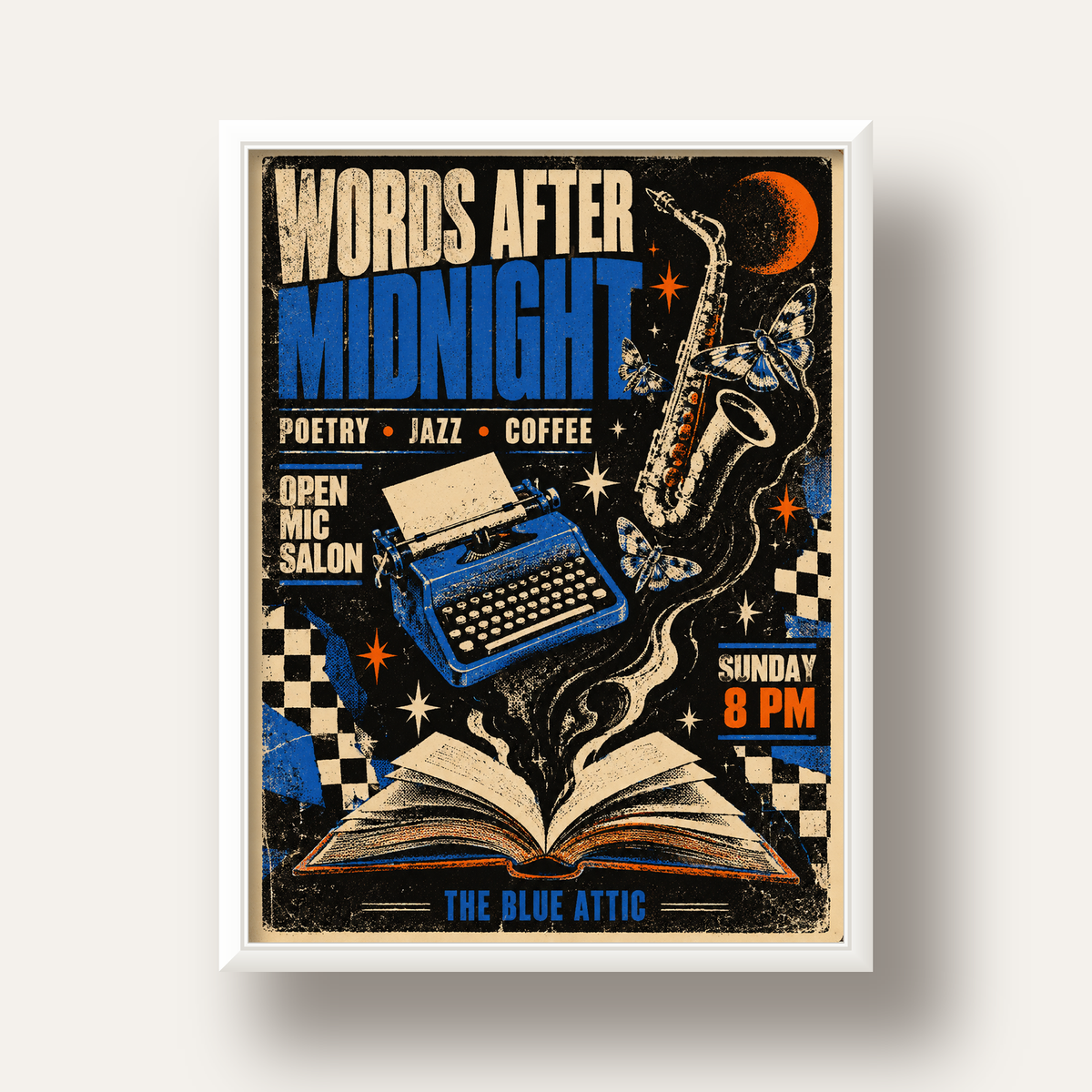 Gece Şiir ve Caz Etkinliği Retro Poster Baskı — beyaz derin çerçeveli