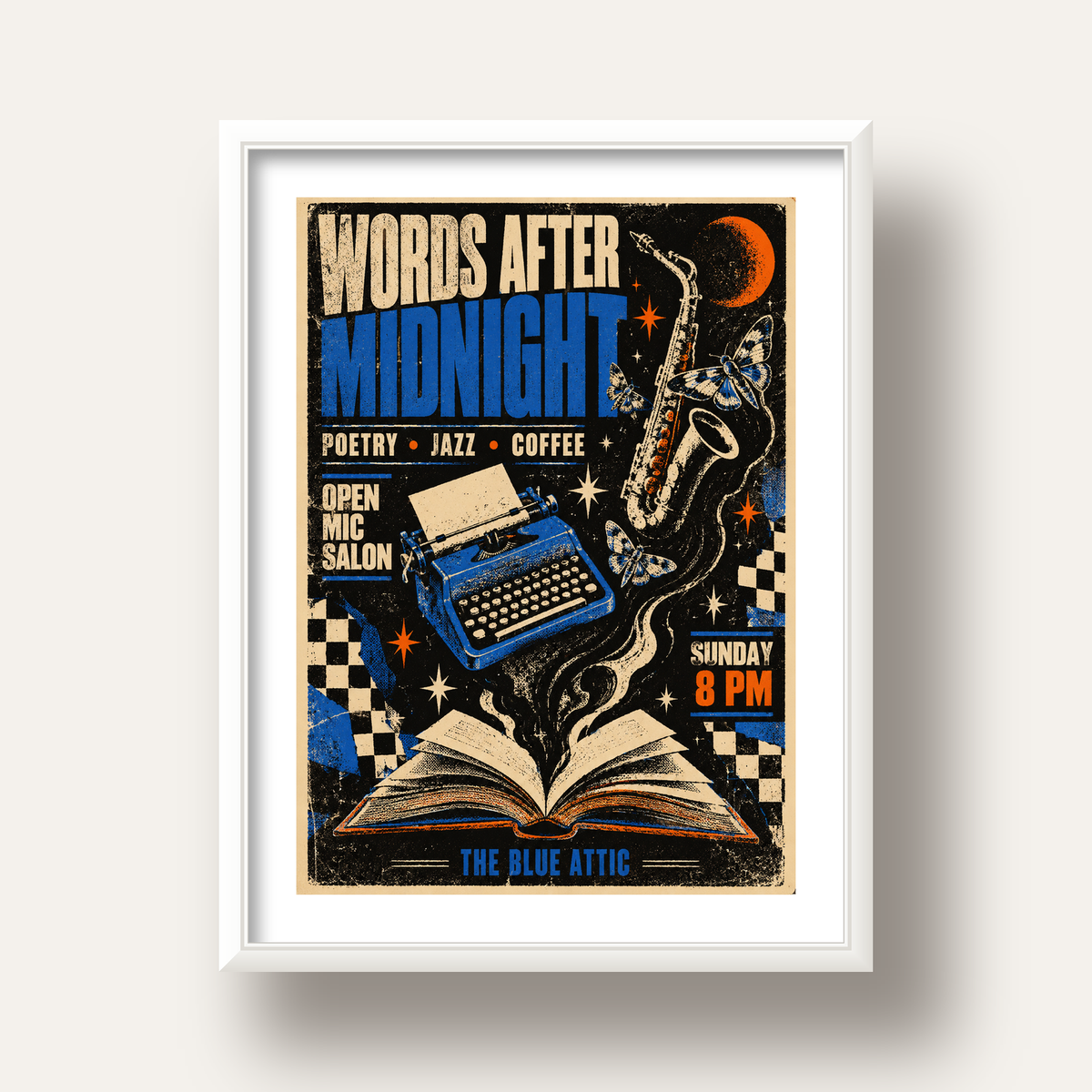 Gece Şiir ve Caz Etkinliği Retro Poster Baskı — beyaz derin çerçeveli paspartulu