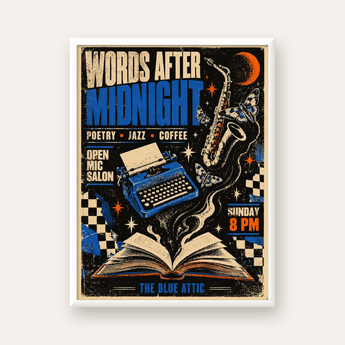 Gece Şiir ve Caz Etkinliği Retro Poster Baskı — beyaz çerçeveli dikey poster