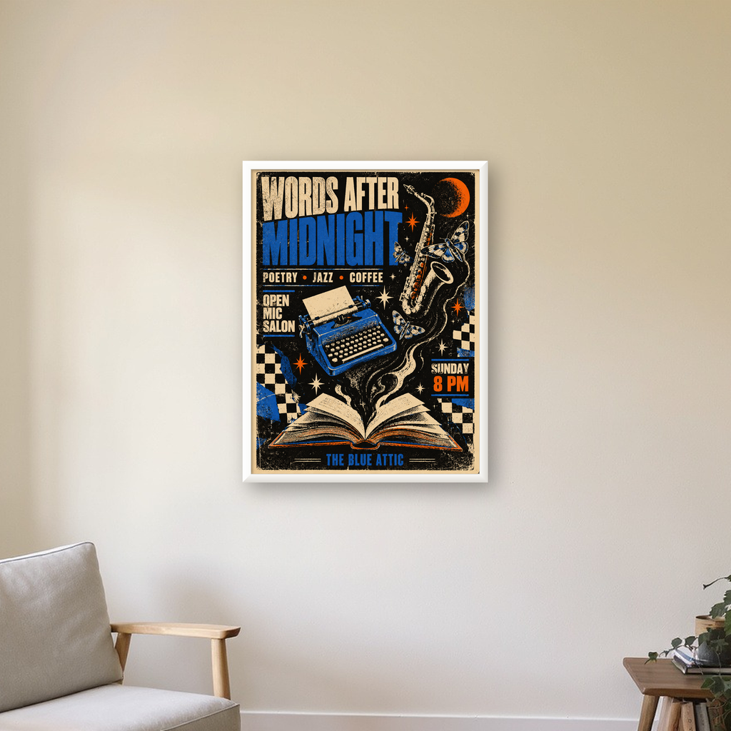 Gece Şiir ve Caz Etkinliği Retro Poster Baskı — beyaz çerçeveli dikey poster