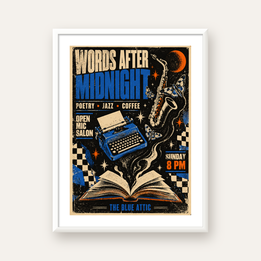 Gece Şiir ve Caz Etkinliği Retro Poster Baskı — beyaz çerçeveli dikey poster