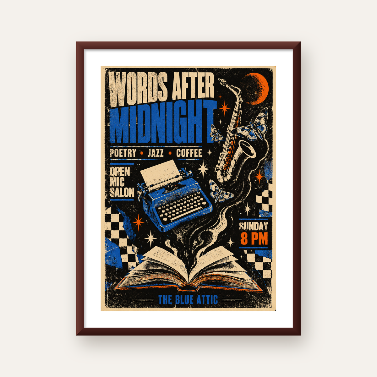 Gece Şiir ve Caz Etkinliği Retro Poster Baskı — ceviz çerçeveli paspartulu