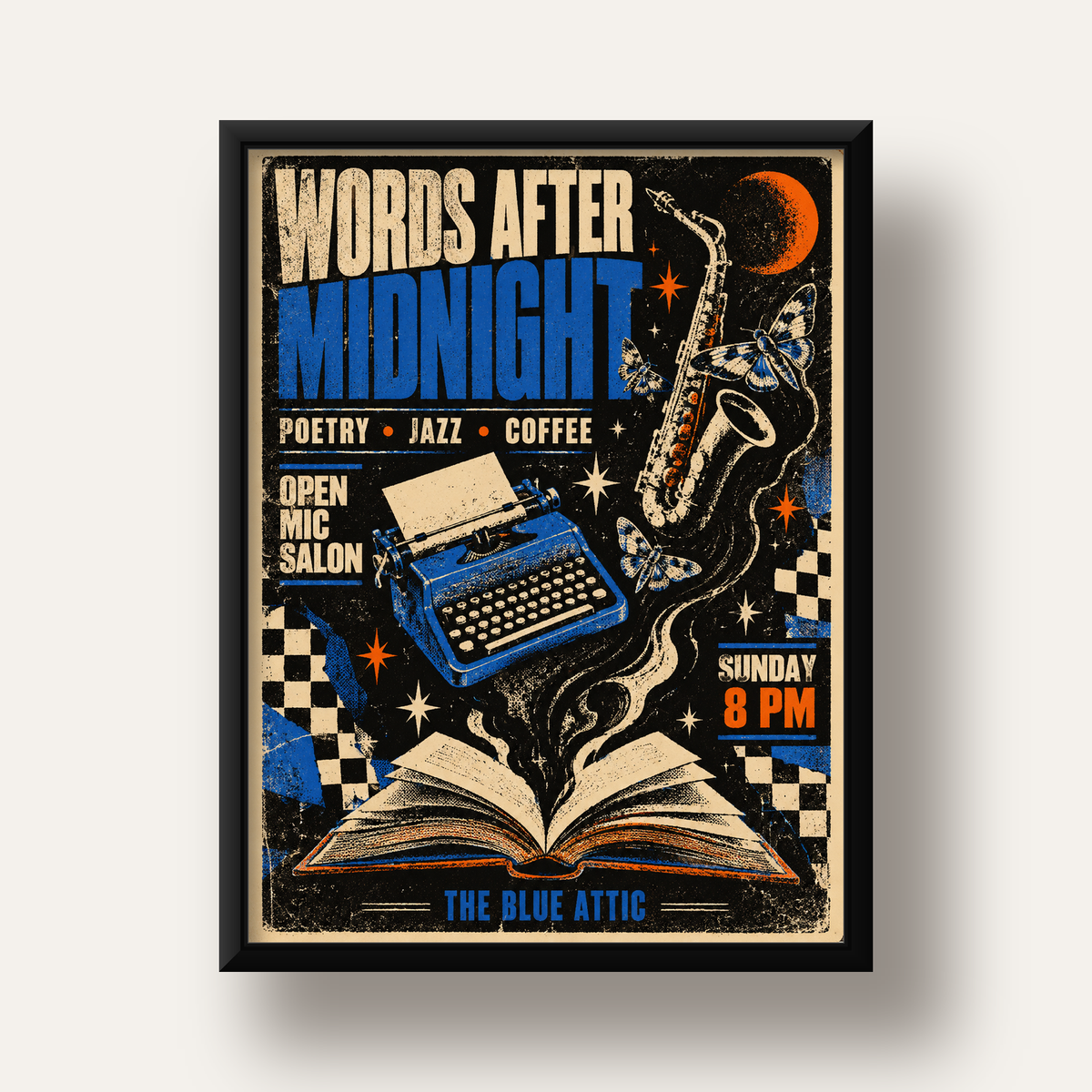 Gece Şiir ve Caz Etkinliği Retro Poster Baskı — siyah derin çerçeveli