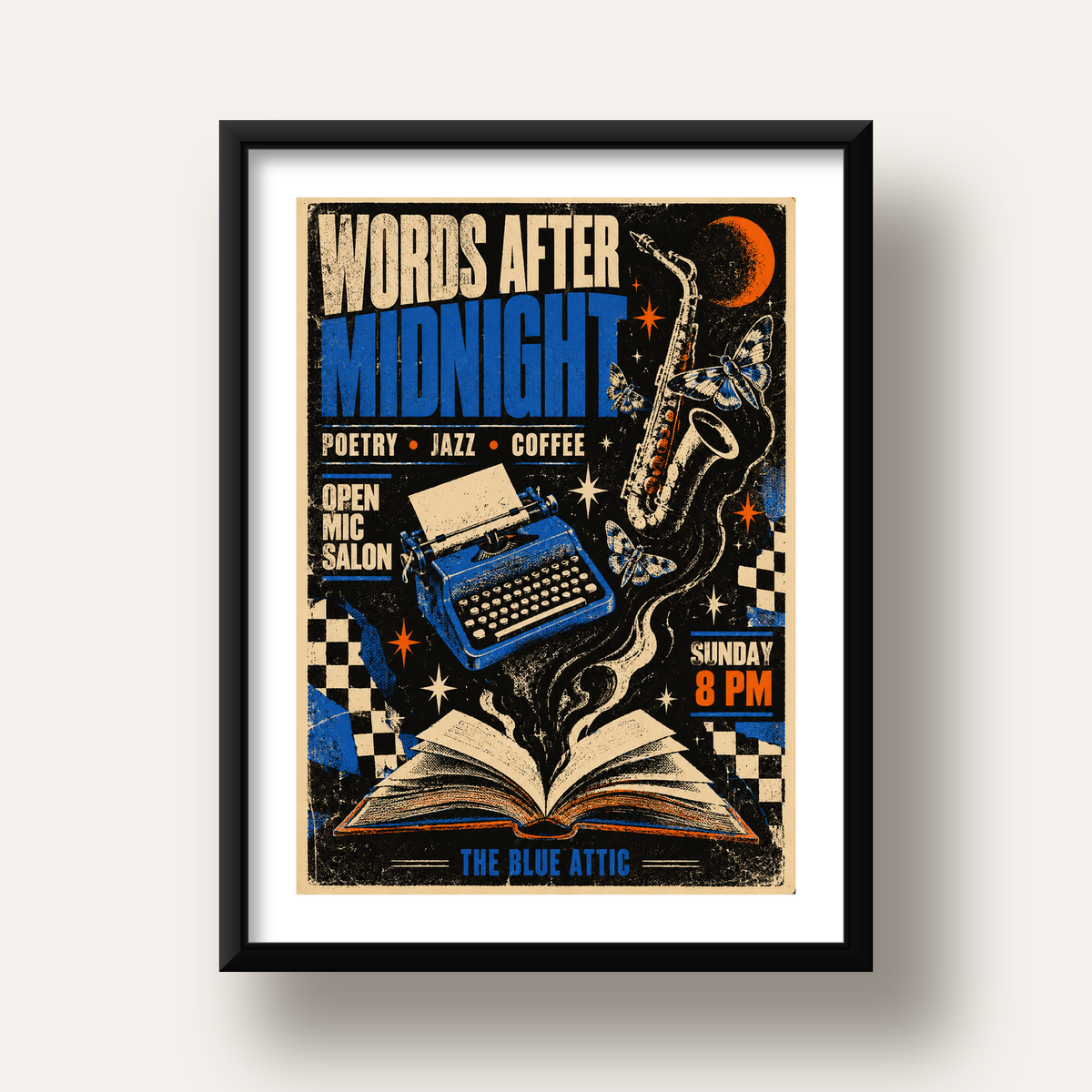 Gece Şiir ve Caz Etkinliği Retro Poster Baskı — siyah derin çerçeveli paspartulu