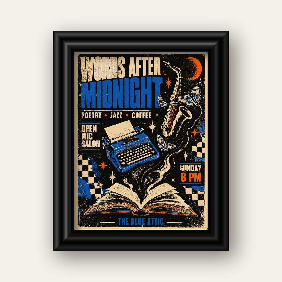 Gece Şiir ve Caz Etkinliği Retro Poster Baskı — siyah galeri çerçeveli