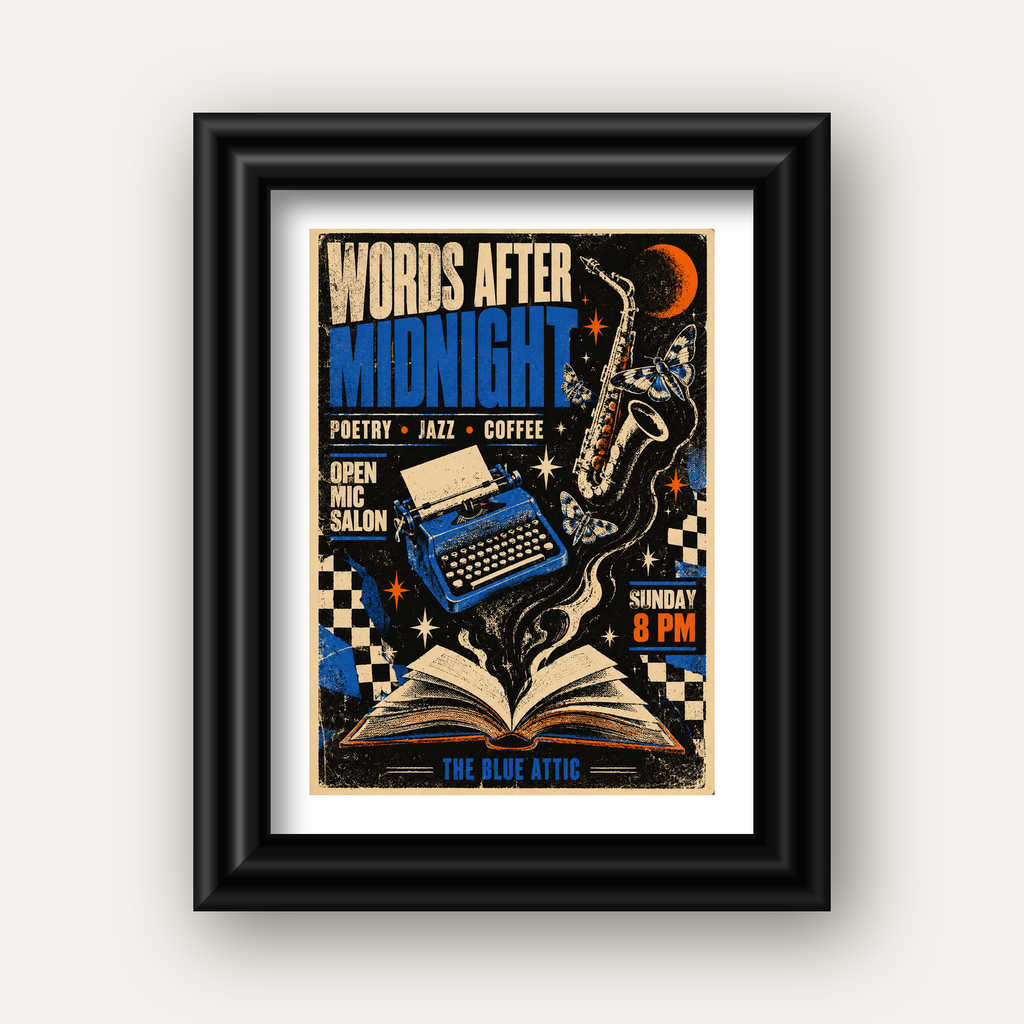 Gece Şiir ve Caz Etkinliği Retro Poster Baskı — siyah galeri çerçeveli paspartulu