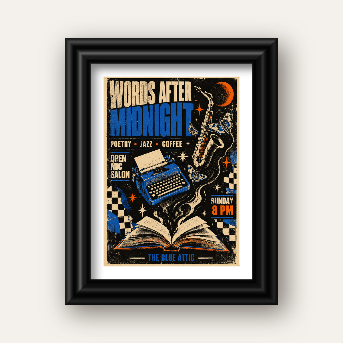 Gece Şiir ve Caz Etkinliği Retro Poster Baskı — siyah galeri çerçeveli paspartulu